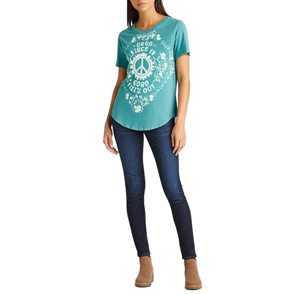 OLD NAVY‎ Womens Graphic Tee Size M Dark Teal Good Vibes Rounded Hem Boho Chic